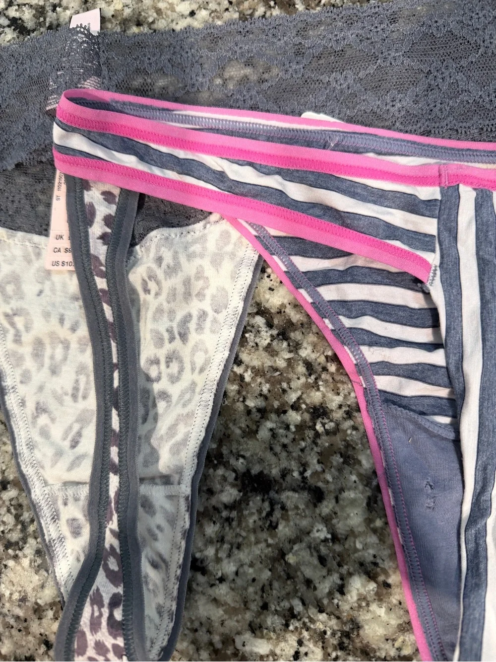 Striped & Leopard Print Thong Set in Gray and Pink